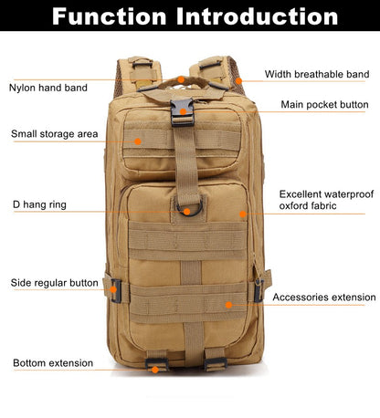 Mochila Tática Militar de 30L em Nylon 900D Impermeável para Esportes ao Ar Livre, Acampamento, Caminhada, Trekking, Pesca e Caça