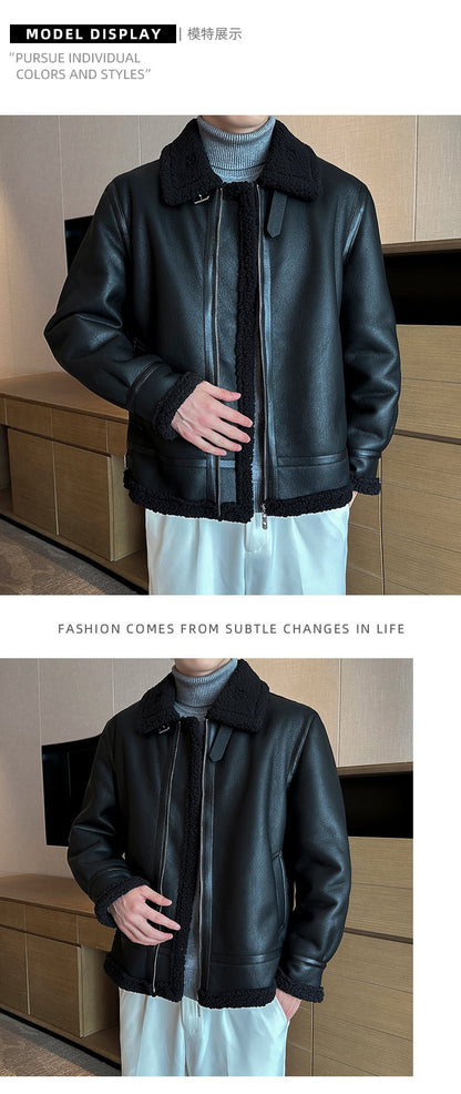Autumn and winter warm thick leather jacket for men's trendy slim fit lapel motorcycle suit men's leather jacket