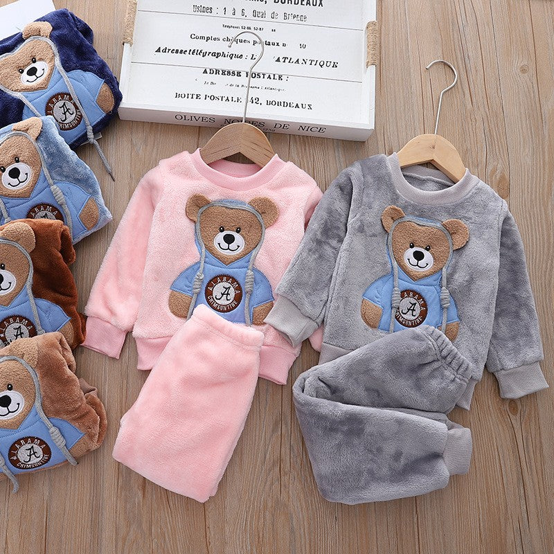 New Autumn Winter Baby Clothes Pajamas Sets Girls Pajamas Children Warm Flannel Fleece Catoon Bear Kids Sleepwear Home Suit 0-6Y
