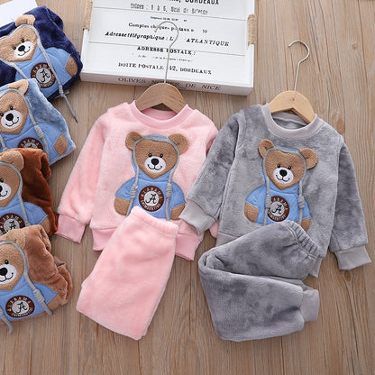 New Autumn Winter Baby Clothes Pajamas Sets Girls Pajamas Children Warm Flannel Fleece Catoon Bear Kids Sleepwear Home Suit 0-6Y