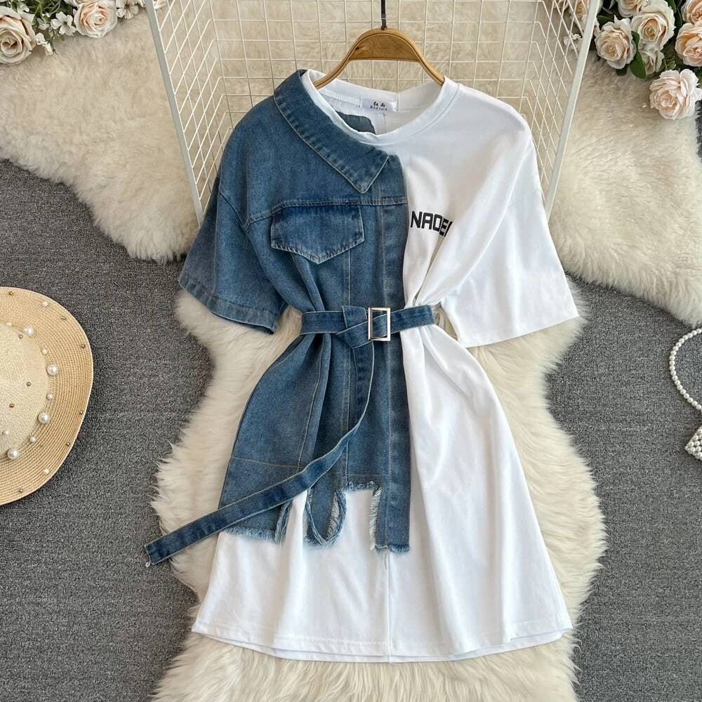 XFPV Women's Sweet high Waist Wrap Belt Round Neck patchwork Denim Shirt  Chic Top Y2k Korean Fashion Spring Summer 2025 SM11327