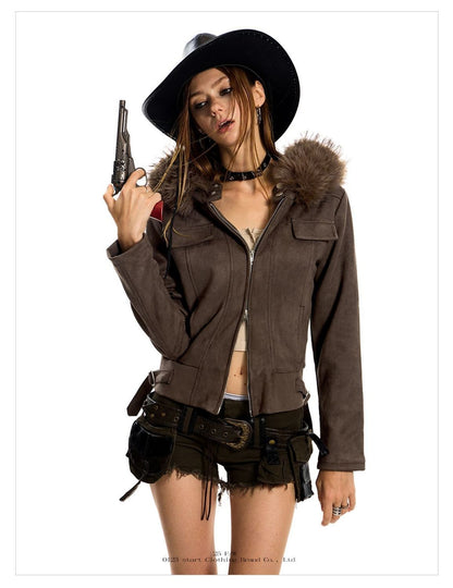 American hot girl big fur collar slim short jacket for women buckskin velvet waist slimming hooded cardigan sweatshirt