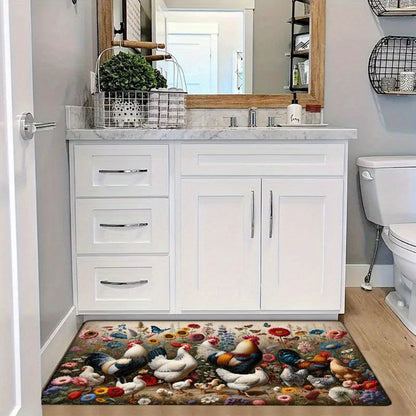 VIKAMA Rooster Floral Print Non-Slip Flannel Doormat Machine Washable Rug Suitable for Kitchen, Bathroom, Living Room, Bedroom