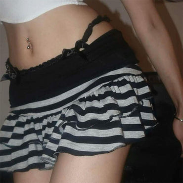 Dark Women Slim Clothes Japanese Summer Gothic Fashion Gray Striped Skirt Casual Vintage Y2K E-girl Sweet Harajuku Short Skirt