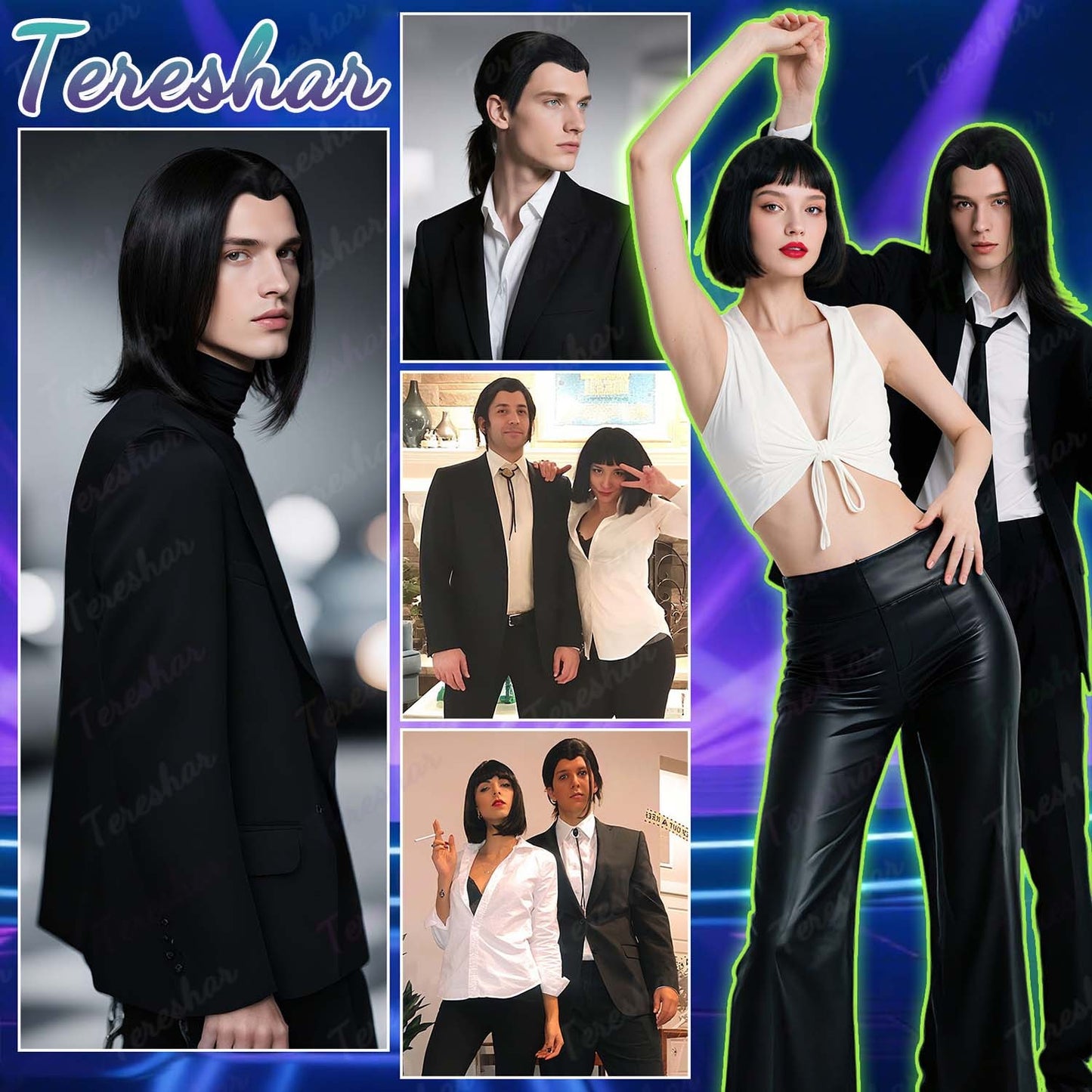 Synthetic Mens Wig Short Straight Black Wig 70s Vintage Vincent Vega Cosplay Wig 80s Halloween Costume Cosplay Party Fun Wig
