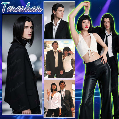 Synthetic Mens Wig Short Straight Black Wig 70s Vintage Vincent Vega Cosplay Wig 80s Halloween Costume Cosplay Party Fun Wig