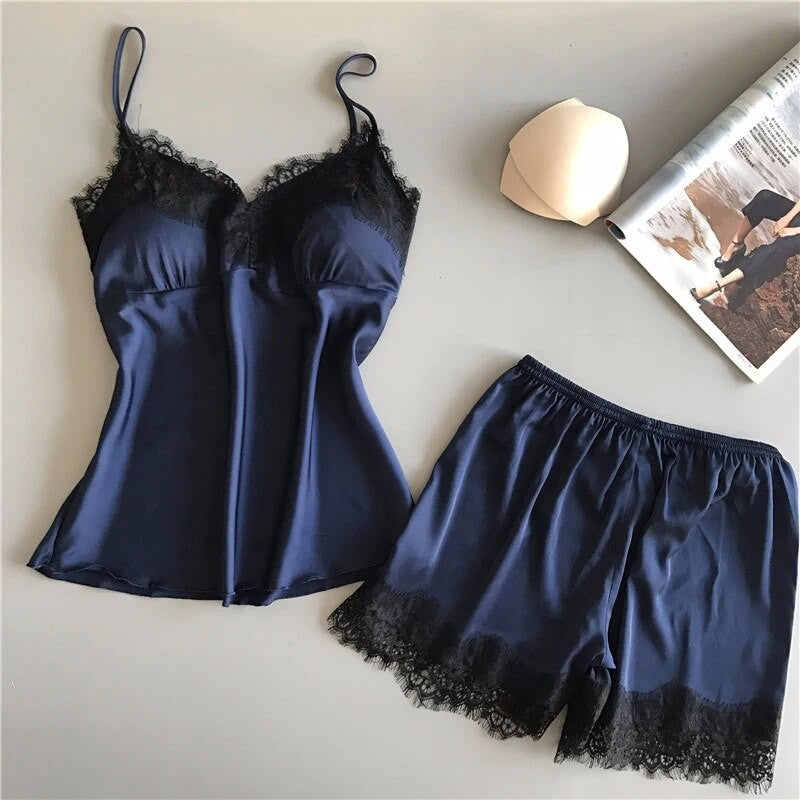 Women Pajama Suit Fashion V-Neck Lace Sexy Lingerie Pyjamas Sleep Shorts Set Sleepwear New