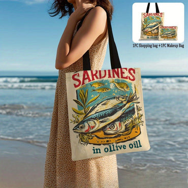 Sardine in Olive Oil Art Tote Bag, Beach Bag with Makeup Bag Multi-functional Shopping Bag, Shoulder Bag, Travel Toiletry Bag