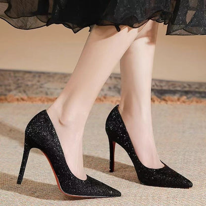 Fashion European Sexy Nightclub Slim High Heels Oversized Red Sole Women's Wedding Sequin Pointed Stiletto Heels Large Size 43