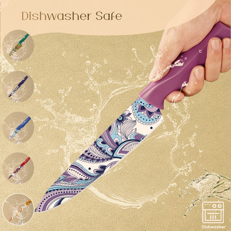 Conjunto de facas com padrão Paisley Astercook com capa, facas coloridas laváveis na lava-louças com 6 capas de faca, aço inoxidável alemão