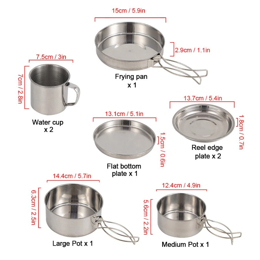 Conjunto de 8 Peças de Panelas de Acampamento em Aço Inoxidável com Panelas e Frigideiras, Pratos e Copos para Caminhadas e Mochilão ao Ar Livre