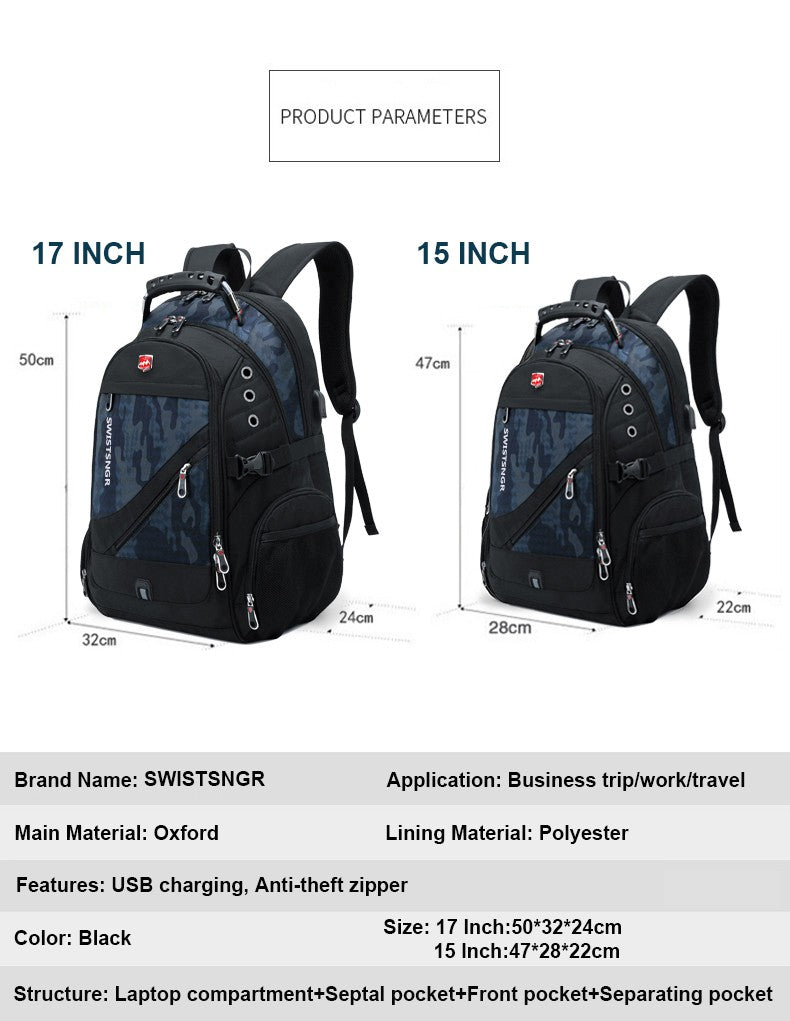 Mochila Masculina Antifurto Impermeável para Notebook de 17 polegadas com Carregamento USB, Mochila de Viagem de Negócios e Escolar Masculina