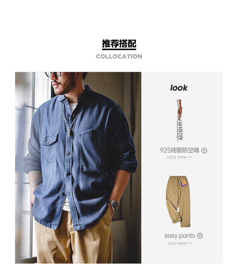 Maden 2023 Autumn Men's Vintage Tencel Denim Shirts Amekaji Lycra Long Sleeve CPO Shirt Jacket Uncle Fu Brand Luxury Jean Blouse