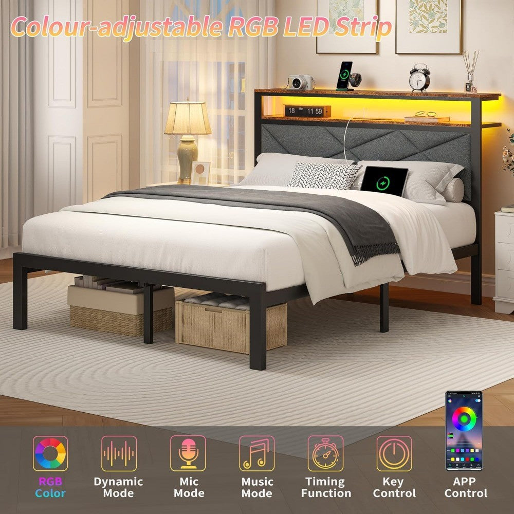 Bed Frame with LED Headboard & Built-in USB Charging Station,Linen Upholstered Backrest Metal Bed with Shelves,Under Bed Storage