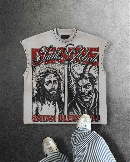 Y2K Popular Willow Nail Round Neck Vest T Shirt Retro Punk Hip Hop Oversized Printed Pure Tops Classic Loose Sleeveless T Shirt