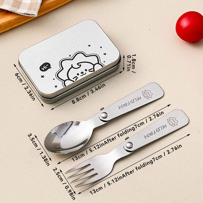 WORTHBUY 3Pcs/Set Portable Foldable Dinnerware Set 304 Stainless Steel Folding Fork Spoon With Cutlery Box Cute Picnic Tableware