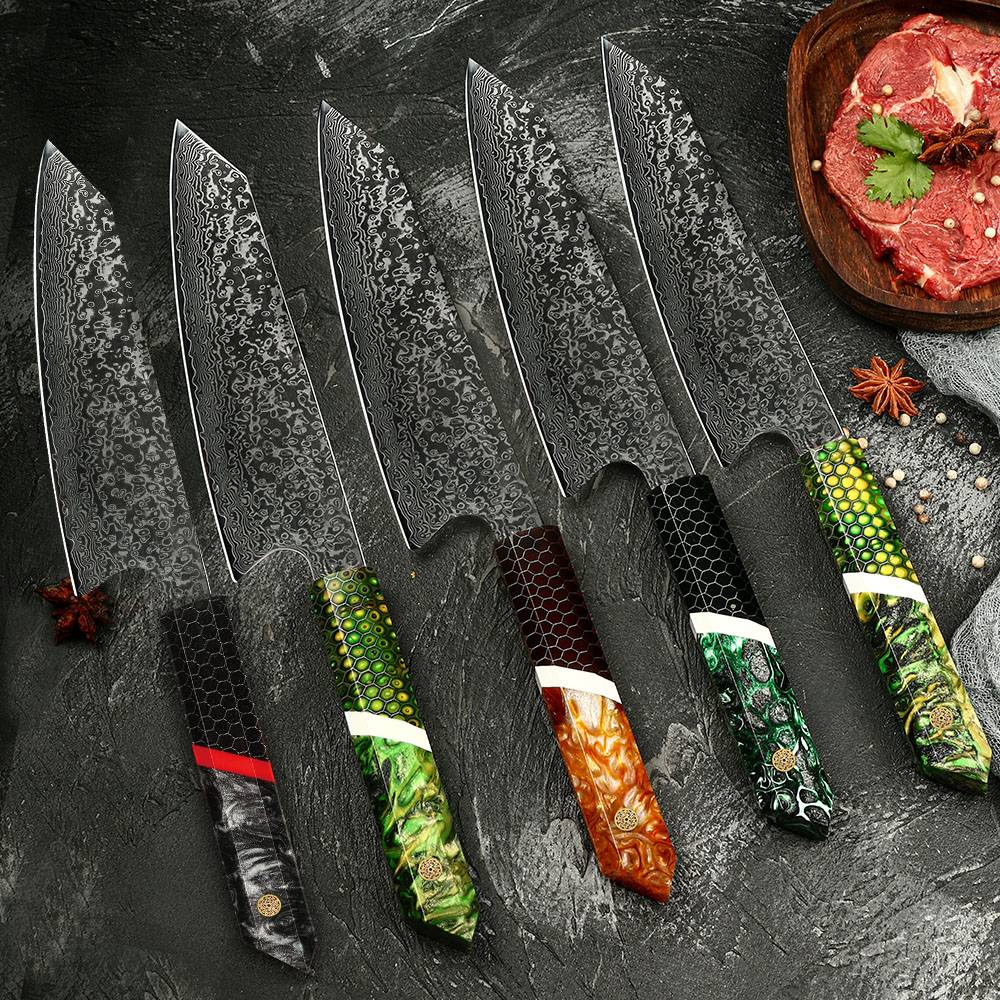 Professional Japanese Kitchen kiritsuke Knife 67-layer Damascus Steel Custom 8 inch Chef Knife with multicolour Resin Handle