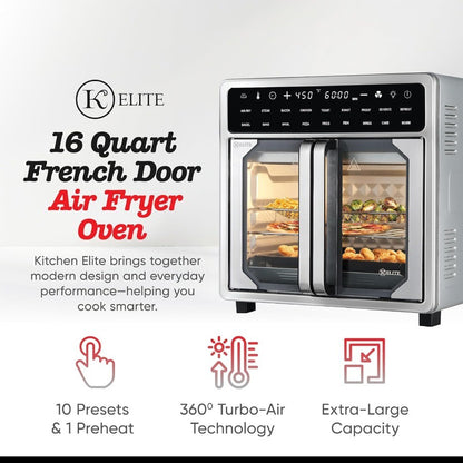 Forno Fritadeira Elétrica sem Óleo French Door de 15 Litros, Tamanho Família, Convecção de Bancada com Display LED, Aço Inoxidável para Grandes Quantidades C