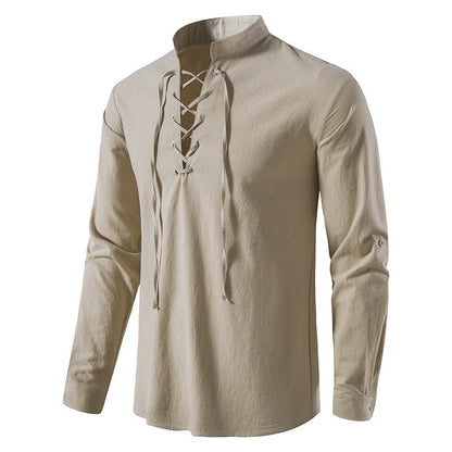 Men's Renaissance Shirt Pirate Medieval Viking top Cotton Linen Shirts Men Long Sleeved Halloween Costume
