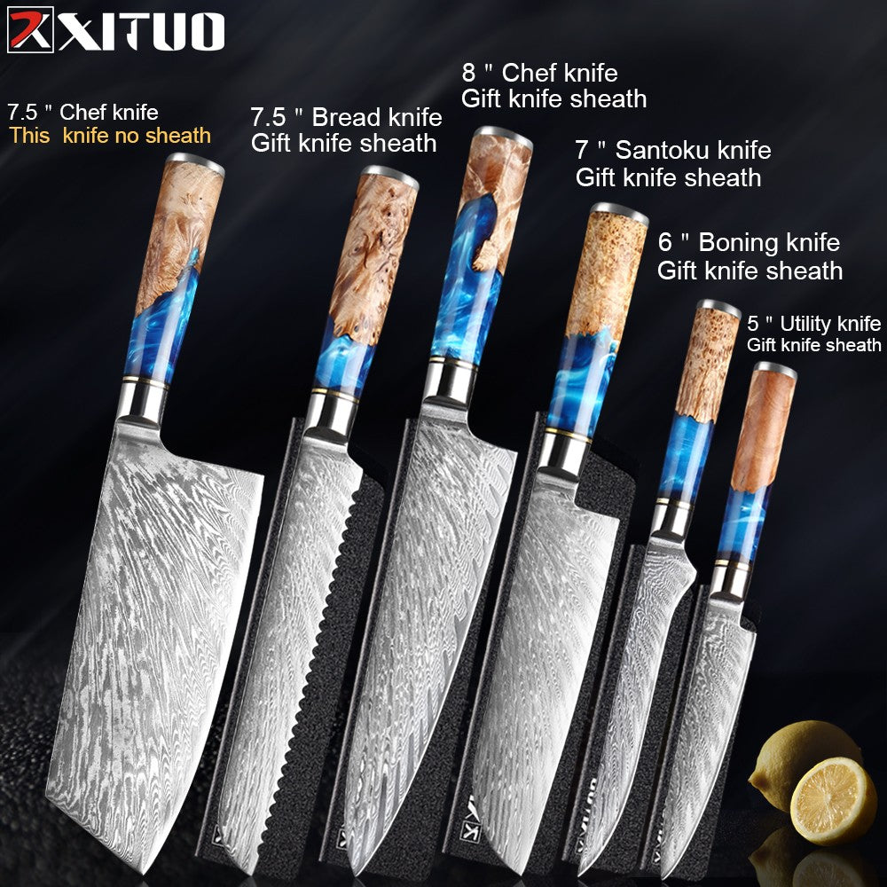 XITUO Kitchen Knives Set Damascus Steel VG10 Chef Knife Cleaver Paring Bread Knife Blue Resin Stabilised Wood Handle 1-7PCS set