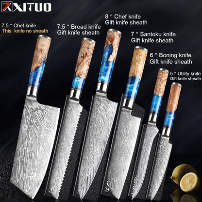 XITUO Kitchen Knives Set Damascus Steel VG10 Chef Knife Cleaver Paring Bread Knife Blue Resin Stabilised Wood Handle 1-7PCS set