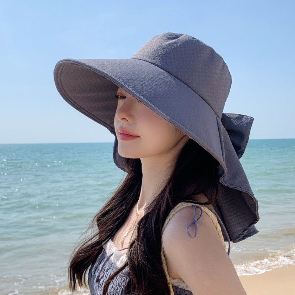 New Neck Protection Shawl Beach Cap Breathable Wide Brim Bucket Hat Bow Anti-UV Fisherman Hat Women