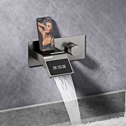 Torneira de banheiro de parede luxuosa de latão cinza chumbo com visor digital LED, misturador monocomando de água quente e fria embutido.