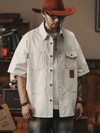 2025 Summer Men's Multi-pocket Oversized Short Sleeve Shirts High Street Fashion Cargo T-shirt New American Casual Y2K Shirt