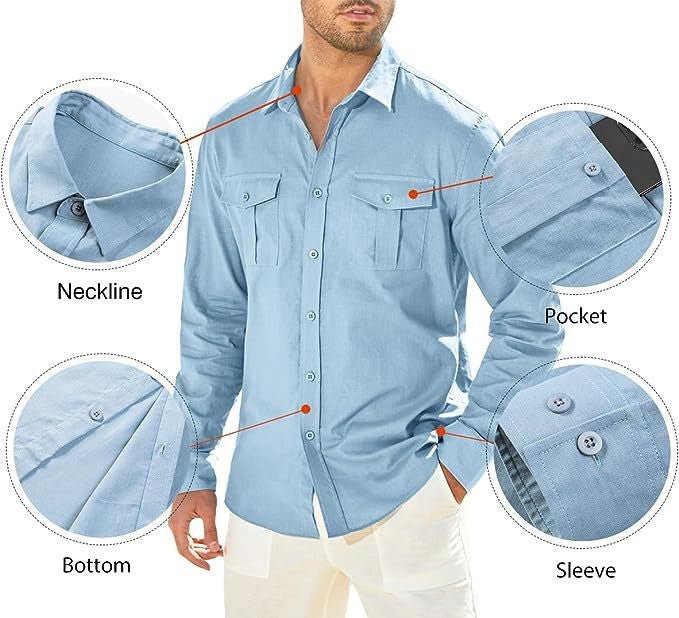 Business Men's Single-breasted Shirt Double Pocket Cotton Linen Long-sleeved Shirt Casual Vacation Shirt