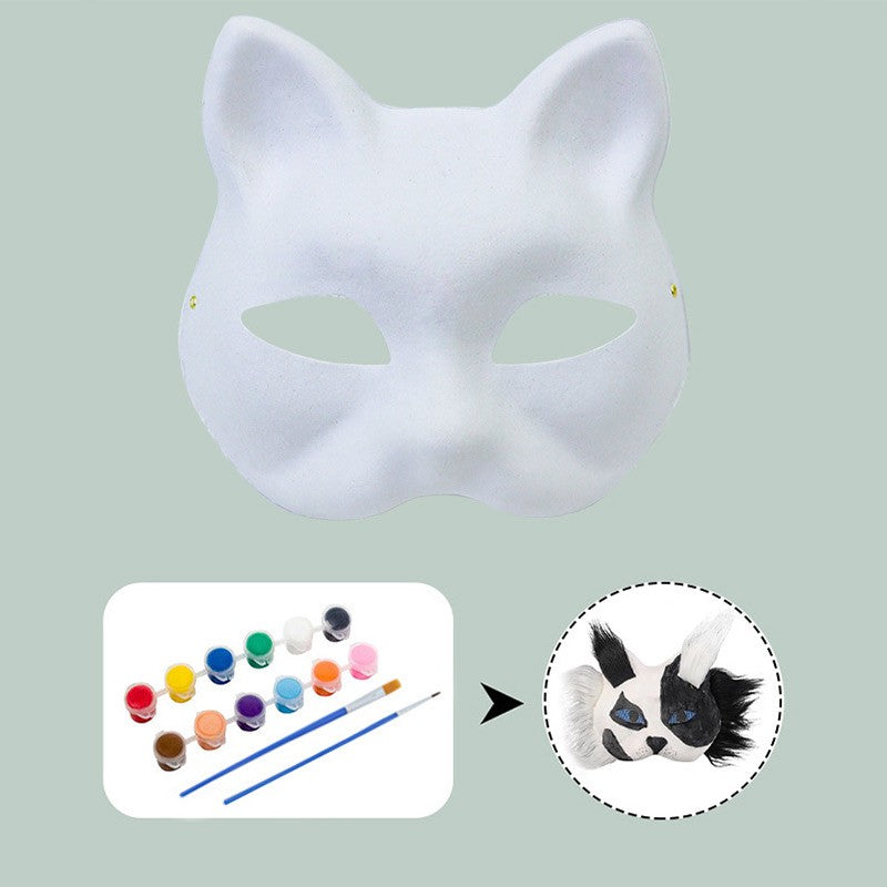 DIY White Pulp Mask Kit Fun Therians Mask Fox Cat Mask Children's Handmade Graffiti Half Face Mask for Masquerade Cosplay Party