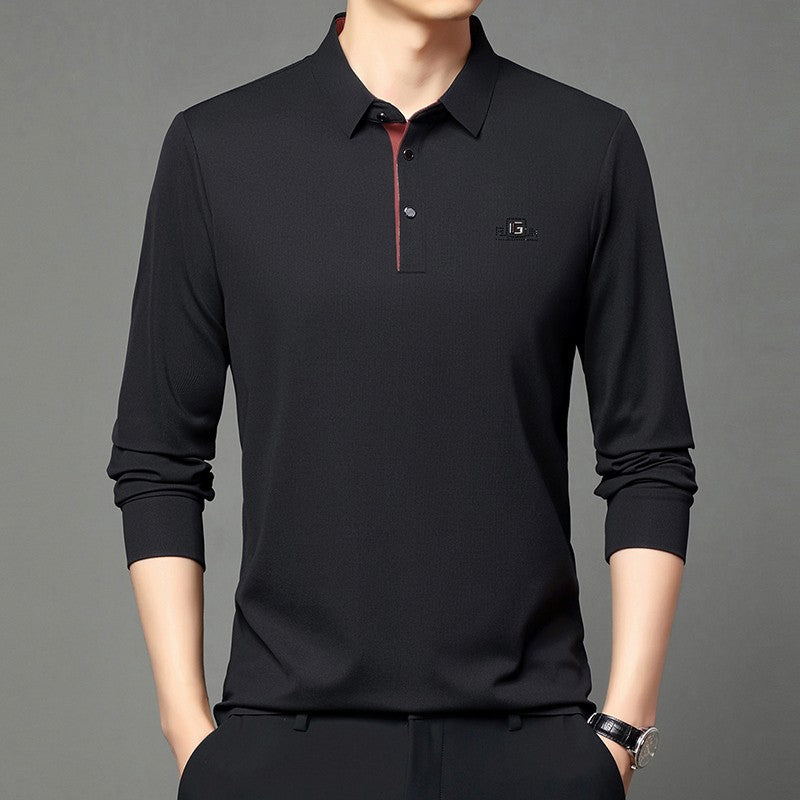 New Men's Business Casual Long Sleeved Shirt with Badge Solid Color Polo Shirt Fashionable Breathable Comfortable Versatile Top