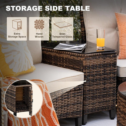 9 Piece Outdoor Patio Furniture Set, Half-Moon Curved Sectional Sofa Rattan Conversation Set with Wood Armrests, Coffee Table