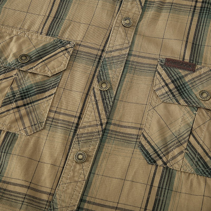 2024 New Plaid Shirt for Men Long Sleeve Striped Outdoor Casual Shirts Turn-down Collar 2-Pokcet Cargo Shirts High Quality Tops