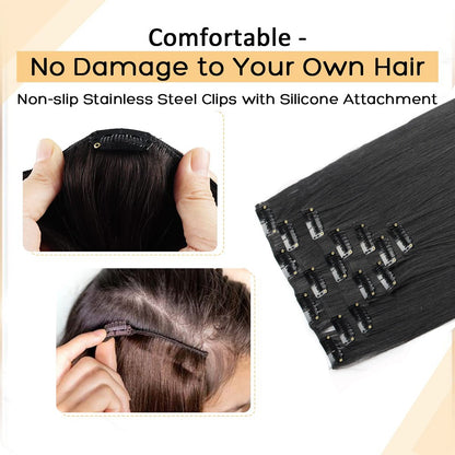 7 peças/conjunto de aplique de cabelo com 16 grampos, preto, longo e liso, cabelo natural, aplique de cabelo ombre, fibra resistente ao calor para penteado feminino