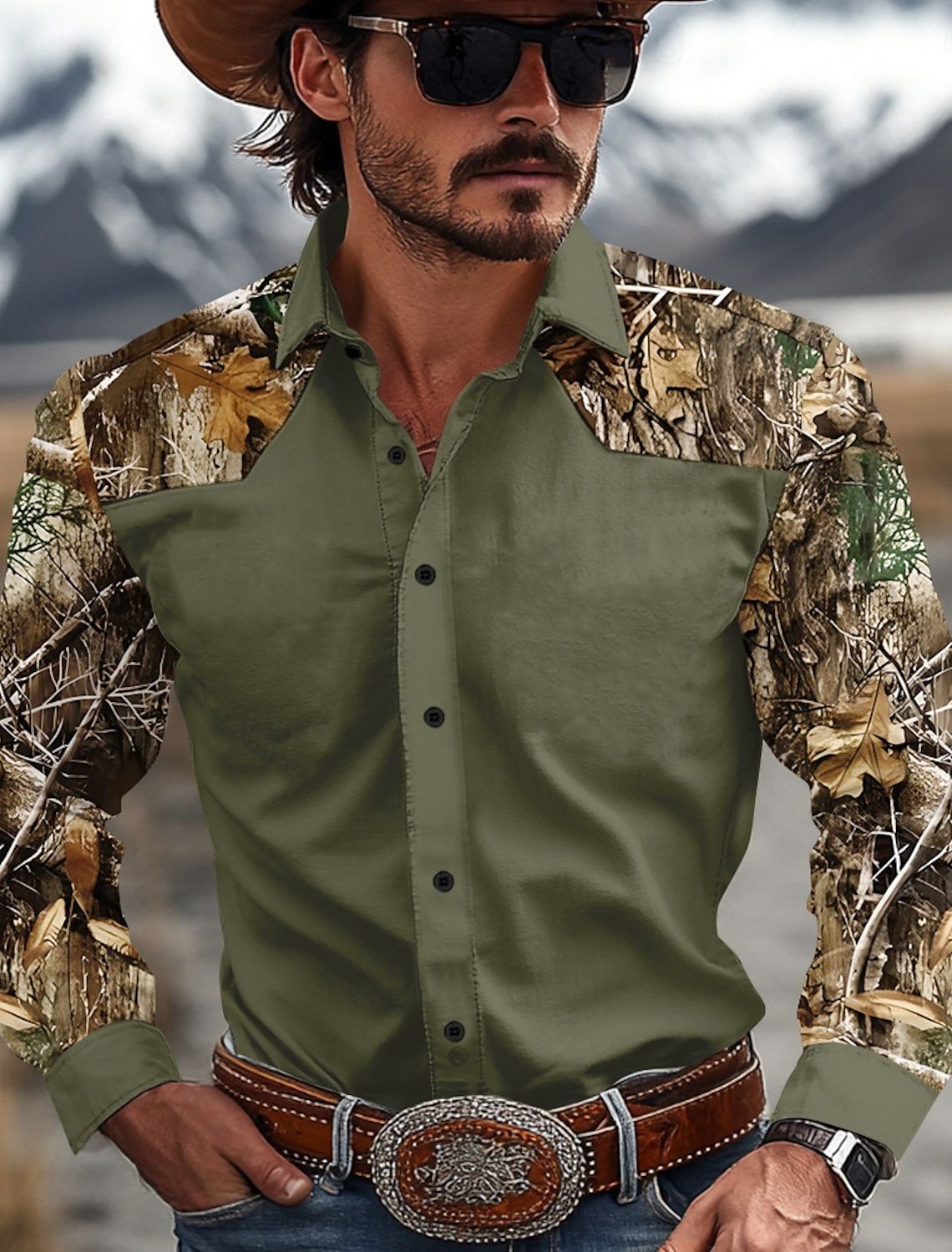 Men's Camouflage Western Shirt Denim Shirt Long Sleeve Western Casual Outdoor Spring and Autumn Lapel Black Brown Green Khaki
