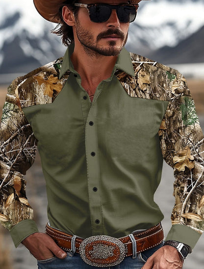 Men's Camouflage Western Shirt Denim Shirt Long Sleeve Western Casual Outdoor Spring and Autumn Lapel Black Brown Green Khaki