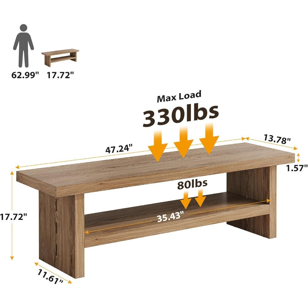 2 Tier Entryway Bench, 47.24" Shoe Bench, Rustic Shoe Rack, Wooden Storage Bench for Entryway Hallway Living Room Bedroom, Easy
