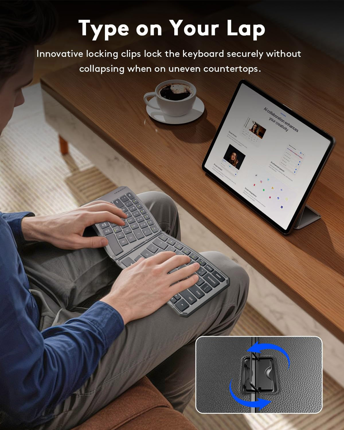 Teclado Bluetooth Dobrável Ergonômico, Teclado Portátil Compacto Dividido para Viagens de Negócios, Teclado Sem Fio Recarregável Dobrável
