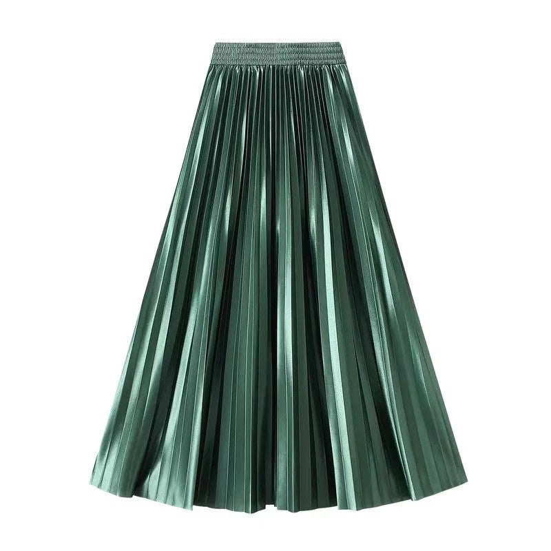 High Waist Satin Pleated Skirt 1 Meter Long Floor Length Pearl Glitter A- Line Umbrella Half Body Skirts Polyester Fiber