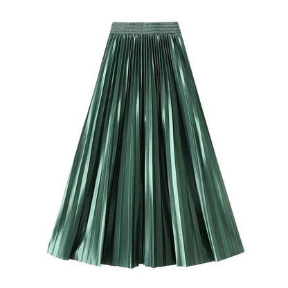 High Waist Satin Pleated Skirt 1 Meter Long Floor Length Pearl Glitter A- Line Umbrella Half Body Skirts Polyester Fiber