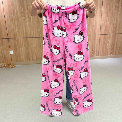 Pijama de Veludo Kawaii Hello Kitty Natal, Anime e Desenho Kuromi Outono e Inverno Roupas de Casal Casuais Soltas e Quentes para o Lar