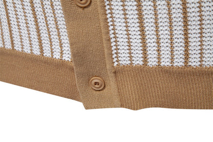 AIOPESON 2025 Men's Striped Mesh Polo Shirt - Breathable Contrast Panel Knit Top with Turn-Down Collar