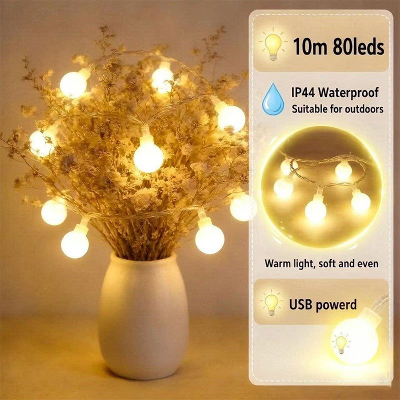 10M 80LED USB Ball String Lights Globe Fairy Lights Waterproof Garland Lights Warm White for Outdoor Wedding Party Garden Home