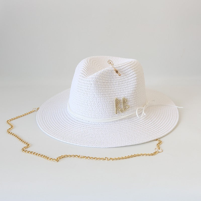 Fashionable Metal RB Letter Straw Hats for Women Men Summer Outdoor Holidays Beach Sun Hat Straw Hats for Women Fashion Panama