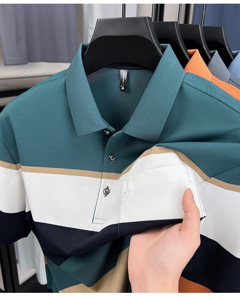 High-quality short sleeve polo shirt men fashion color striped pocket design summer new breathable trendy casual lapel T-shirt