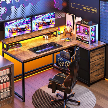 Mesa Gamer em L com Luzes de LED e Tomada, Mesa de Canto de 122 cm com Gavetas, Mesa de Escritório Reversível com Monit