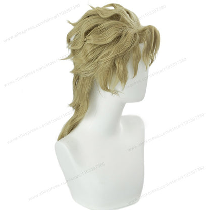 Peruca de Cosplay do Anime Dio Brando 40cm Masculina Curta Dourada Resistente ao Calor Cabelo Sintético
