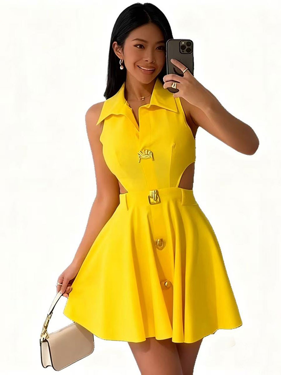 Sexy Hollow Out Sleeveless Dresses For Women Fashion Elegant Solid Lapel French Dress Summer Office A-line Robe Femme Black