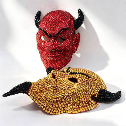 Horned Devil Rhinestone Mask, Crystal Full Face Demon Mask for Halloween Costume, Masquerade, and Festival Parties