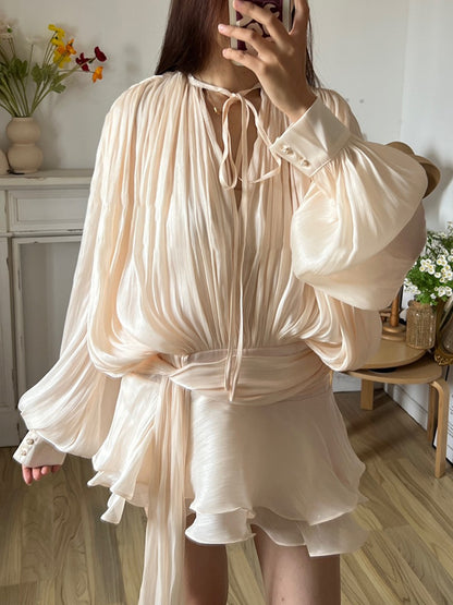 TWOTWINSTYLE Solid Blouse Mini Dresses For Women V Neck Long Sleeve Spliced Lace
